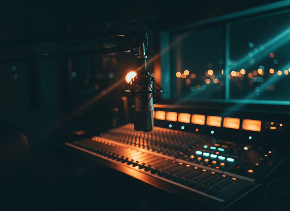 Moody, atmospheric radio broadcast studio at night with a professional microphone in soft focus foreground and a glowing mixing console.
